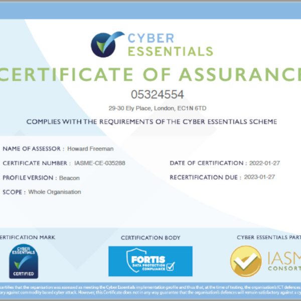 Certificate of insurance Cyber Essentials Scheme